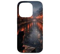 Custodia per iPhone 14 Pro Scena di strada piovosa del gatto nero del gatto nero giapponese