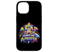 Custodia per iPhone 14 Rosario cristiano con croce arcobaleno e scritta "Always Say A Prayer