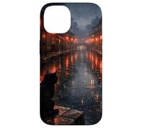 Custodia per iPhone 14 Scena di strada piovosa del gatto nero del gatto nero giapponese