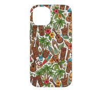 Custodia per iPhone 14 Ukulele Tiki hawaiano con fiori di ibisco e palma