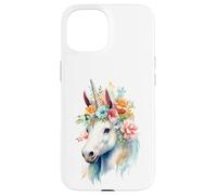 Custodia per iPhone 15 Acquarello etereo Unicorno Floreale Testa Fantasy Art