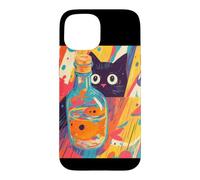 Custodia per iPhone 15 Arte Di Gatto Nero Curioso E Pesciolino Rosso