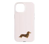 Custodia per iPhone 15 Bassotto a pelo lungo marrone e crema a righe rosa