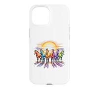 Custodia per iPhone 15 Cavalli colorati in acquerello arcobaleno con Sunrise Equine