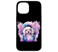 Custodia per iPhone 15 Composizione di rose con adorabile abbigliamento per cuccioli di Spaniel bianco