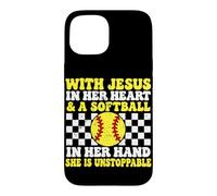 Custodia per iPhone 15 Con Gesù nel suo cuore e un softball in mano cristiano