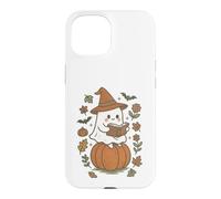 Custodia per iPhone 15 Cozy Fall Ghost Reading on Pumpkin Retro Halloween Vibes