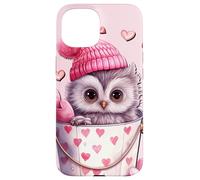 Custodia per iPhone 15 Cute Owl Baby In Valentines Basket Pink Heart Pattern