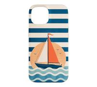 Custodia per iPhone 15 Design a strisce nautiche in barca a vela verso il tramonto