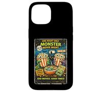 Custodia per iPhone 15 Design Film Horror Retro Finto con Popcorn Mostri Drive-In