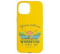 Custodia per iPhone 15 Dio è con me ovunque io possa andare - Giosuè 1:9 Retro Camping