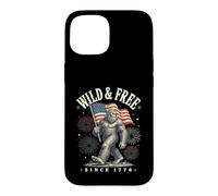 Custodia per iPhone 15 Divertente bandiera americana Sasquatch selvaggia e libera dal 1776