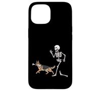 Custodia per iPhone 15 Divertente Halloween Pastore Tedesco e Scheletro