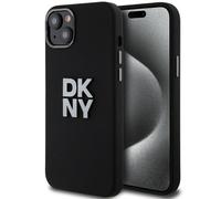 Custodia per iPhone 15 DKNY in silicone liquido con logo in metallo, colore nero