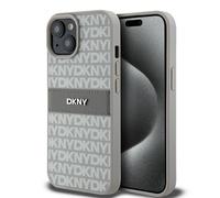 Custodia per iPhone 15 DKNY, rigida in pelle, monocromatica a righe beige