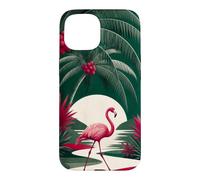 Custodia per iPhone 15 Fenicottero che cammina sotto le palme ad arco