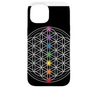 Custodia per iPhone 15 fiore della vita con simboli chakra, geometria sacra mandala