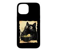 Custodia per iPhone 15 Funny Black Fat Cat Eating Ramen Japanese Kawaii Anime