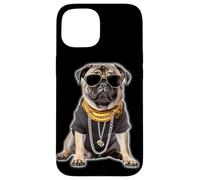 Custodia per iPhone 15 Gangster Pug Hip Hop Cane con occhiali da sole e catena d'oro