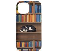 Custodia per iPhone 15 Gatto bianco e nero sulla libreria