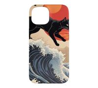 Custodia per iPhone 15 Gatto giapponese che cammina sopra la grande onda Hokusai