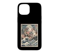 Custodia per iPhone 15 Gatto vs T-Rex giapponese Ukiyo-e Kaiju Monster Art
