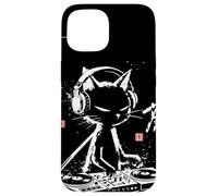 Custodia per iPhone 15 Giradischi in vinile vintage calligrafico DJ Cat arte giapponese