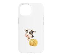 Custodia per iPhone 15 Illustrazione Mucca Carina con Balla di Fieno Rotonda