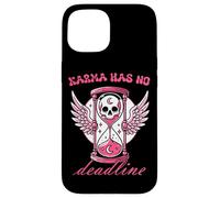 Custodia per iPhone 15 Karma Has No Deadline - Clessidra gotica con teschio