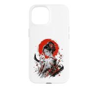 Custodia per iPhone 15 Kitsune Maschera Sakura Kimono Donna Inchiostro Giapponese Ritratto Art