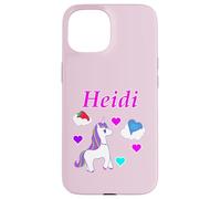 Custodia per iPhone 15 Maglietta per compleanno con unicorno e nome Heidi, personalizzabile