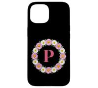 Custodia per iPhone 15 Monogramma della corona di fiori margherita rosa e bianca lettera P