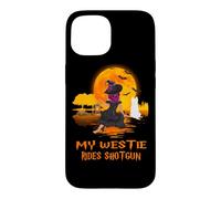 Custodia per iPhone 15 My Westie Rides Shotgun Dog Witch Funny Halloween Costume
