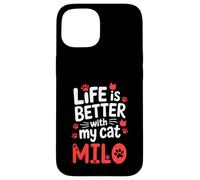Custodia per iPhone 15 Nome gatto Milo La vita è migliore con il mio gatto Milo