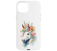 Custodia per iPhone 15 Plus Acquarello etereo Unicorno Floreale Testa Fantasy Art
