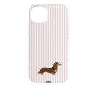 Custodia per iPhone 15 Plus Bassotto a pelo lungo marrone e crema a righe rosa