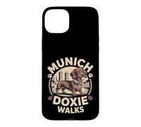 Custodia per iPhone 15 Plus Bassotto Monaco passeggiate stile bavarese amanti cani