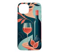 Custodia per iPhone 15 Plus Bicchiere di vino accanto a una bottiglia senza etichetta e fichi