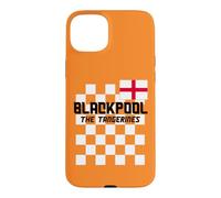 Custodia per iPhone 15 Plus Blackpool UK, bandiera inglese, mandarini Blackpool, arancione
