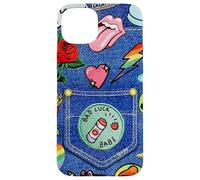 Custodia per iPhone 15 Plus Blue Denim Patch Pattern Bad Luck Babe 90s Design Estetico