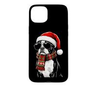 Custodia per iPhone 15 Plus Boston Terrier Dog Bostie Santa Hat Plaid sciarpa occhiali da sole