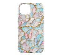 Custodia per iPhone 15 Plus Butterfly Pink White Blue Stained Art Stain Butterflies