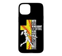 Custodia per iPhone 15 Plus Con Gesù nel suo cuore e un softball in mano cristiano