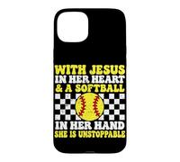 Custodia per iPhone 15 Plus Con Gesù nel suo cuore e un softball in mano cristiano