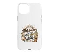 Custodia per iPhone 15 Plus Design con scritta "Raised on Dirt Roads & Jesus Country Faith"