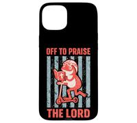Custodia per iPhone 15 Plus Design cristiano con rana divertente scritta "Off To Praise The Lord"