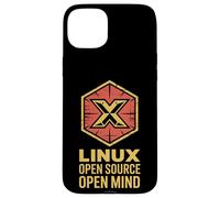 Custodia per iPhone 15 Plus Distintivo esagonale divertente Open Source Open Mind Linux