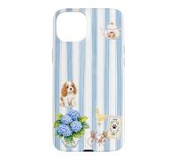 Custodia per iPhone 15 Plus Estetica Cottagecore Cavalier Ortensia A Righe Blu