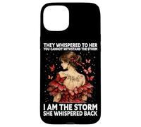 Custodia per iPhone 15 Plus Farfalla con scritta "I Am The Storm She Whispered Back"