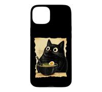 Custodia per iPhone 15 Plus Funny Black Fat Cat Eating Ramen Japanese Kawaii Anime